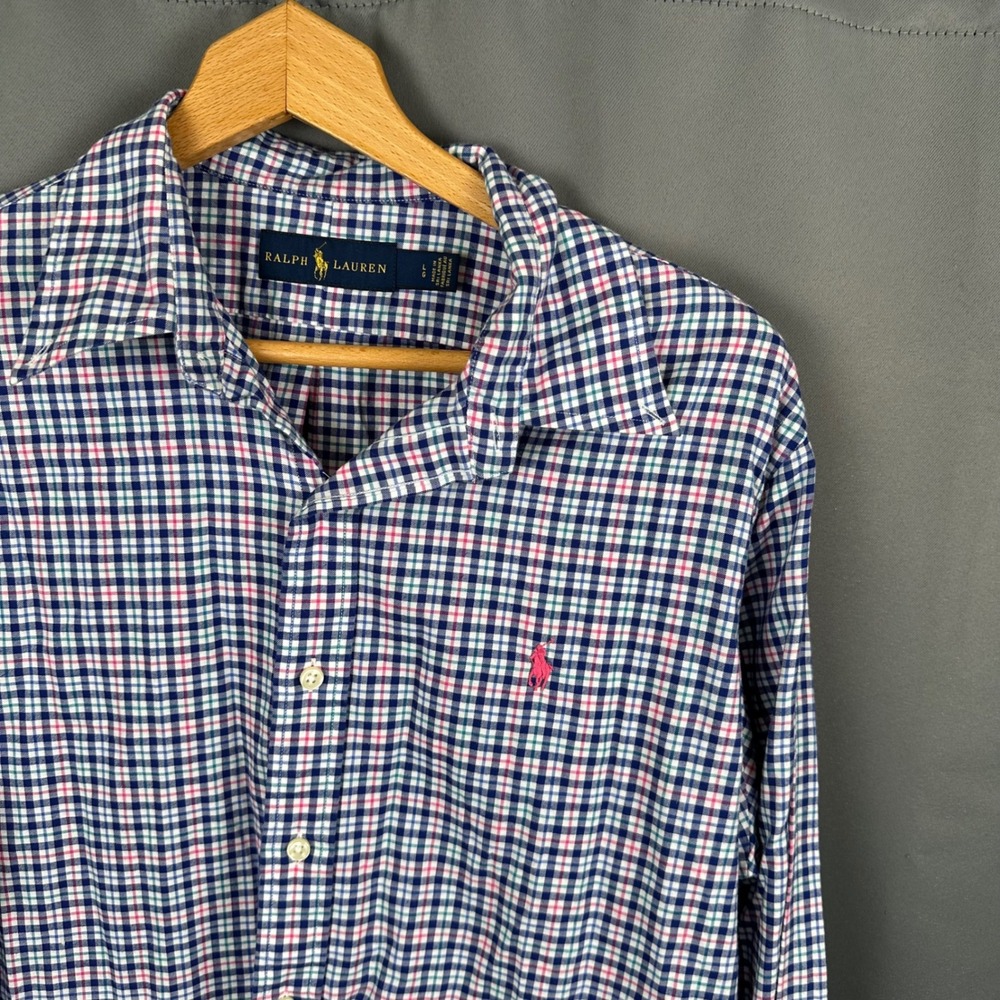 Ralph Lauren Mens Large Blue Pink Gingham Check Long Sleeve Button Down Shirt - Picture 7 of 9